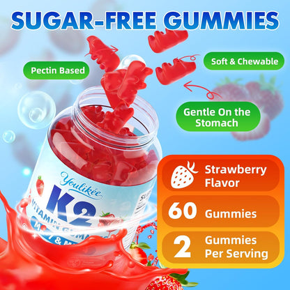 Vitamin K2 Gummies, Dual Formula Vitamin K2 Supplement with MK-7 & MK-4, Supports Bone Health, Gluten-Free, Sugar-Free, Non-GMO, Strawberry Flavor, 60 Gummies