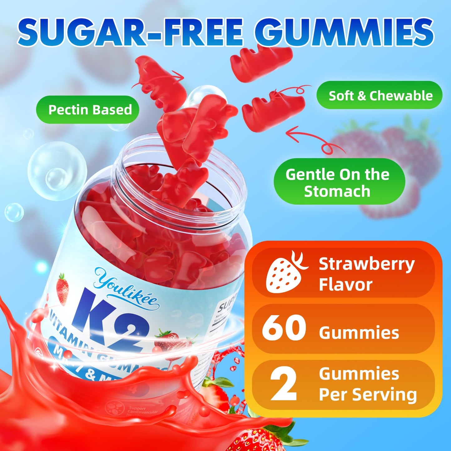 Vitamin K2 Gummies, Dual Formula Vitamin K2 Supplement with MK-7 & MK-4, Supports Bone Health, Gluten-Free, Sugar-Free, Non-GMO, Strawberry Flavor, 60 Gummies