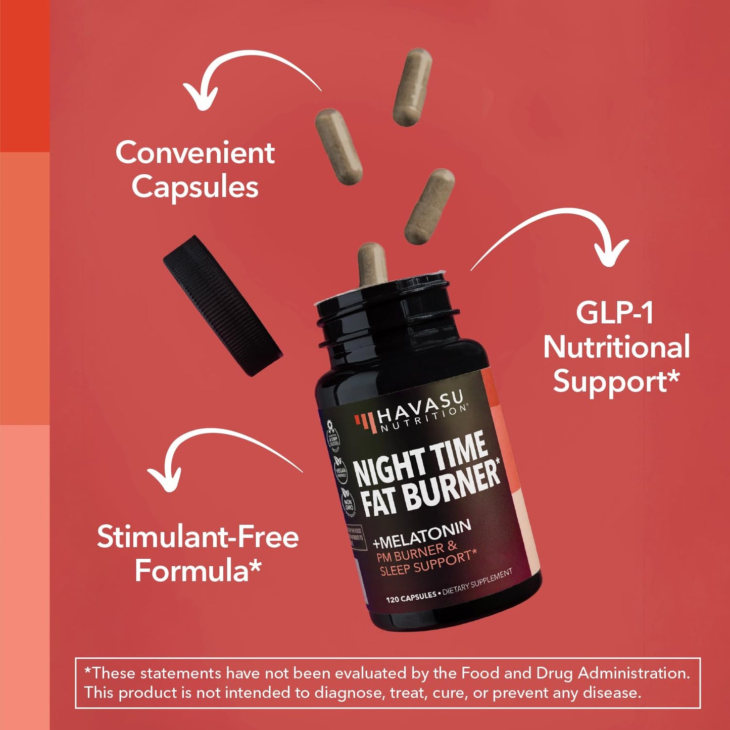 Night Time Fat Burner for Weight Loss Support for Men and Women, 60 Count | Appetite Suppressant and Overnight Metabolism Booster with Melatonin for Sleep Support, Vegan, Gluten Free, 60 Servings