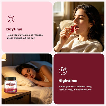 Magnesium Complex Gummies for Women, Triple Magnesium Complex with Glycinate, Malate, Taurate, Magnesium Complex 350 mg with L-theanine & Glycine for Relax, Sleep, Immune Support, Sugar Free, 60 Ct