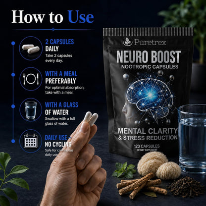 Neuro Boost Nootropic Capsules - Lions Mane, Bacopa, Alpha GPC, L-Theanine, Ashwagandha, Ginkgo Biloba Supplement for Mental Clarity, Focus, 120 Vegan Caps, Made in UK