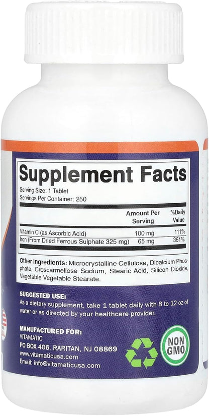 Vitamatic Ferrous Sulfate 325 mg with Vitamin C 100 mg (65 mg Elemental Iron) Coated Tablets – High Potency Iron Supplement – No Artificial Colors – Made in USA