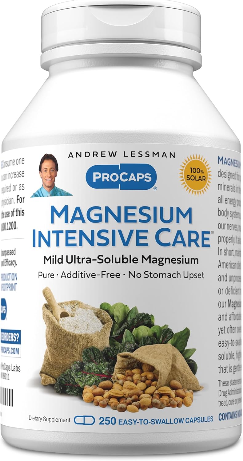 Andrew Lessman ProCaps Magnesium Intensive Care 200 mg 250 Capsules | 200 mg highly absorbable Magnesium blend. Gentle on sensitive stomachs with no additives, sodium or gluten.