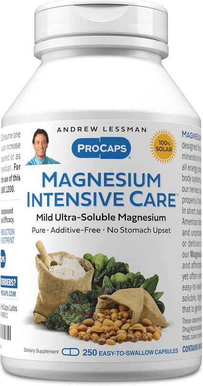Andrew Lessman ProCaps Magnesium Intensive Care 200 mg 250 Capsules | 200 mg highly absorbable Magnesium blend. Gentle on sensitive stomachs with no additives, sodium or gluten.