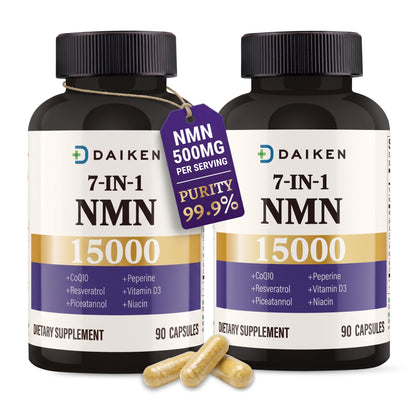 DAIKEN NMN 15000 Advanced Formula, 500mg β-Nicotinamide Mononucleotide with Niacinamide, CoQ10 & Resveratrol - 90 Veggie Capsules (90 Count (Pack of 1))