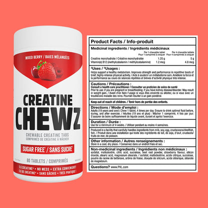 PVL Creatine Chewz – Sugar-Free Chewable Creatine Supplement for On-The-Go Use – 5g Creatine Monohydrate Per Day – Pre Workout & Muscle Recovery Support – 80 Tablets – Mixed Berry