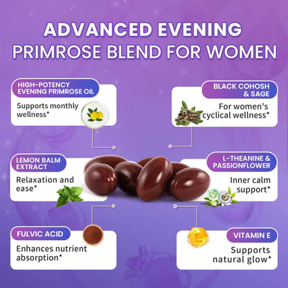 Evening Primrose Oil 1000mg - Hormone Balance for Women & Mood | Primrose Oil Capsules Cold-Pressed w/10% GLA, Essential Fatty Acids, L-Theanine for Mood, Skin & Immune, 90 Softgels