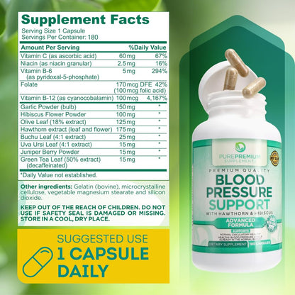 PurePremium Blood Pressure Supplements with Hawthorn, Hibiscus & Garlic