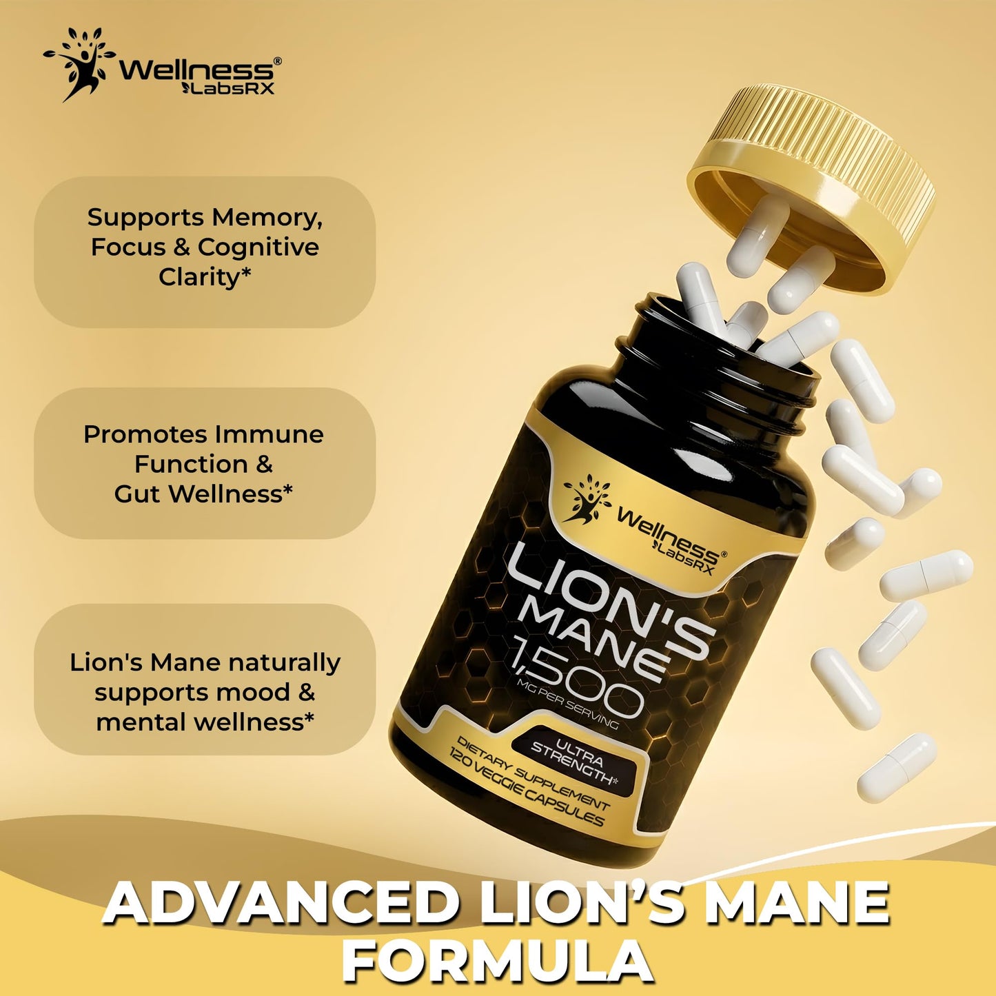 Lions Mane Supplement Capsules - 120 Count - Mushroom Supplement, Brain Supplements for Memory and Focus, Lion's Mane Mushroom Capsules Organic - Cognitive and Immune Support, Focus Supplement