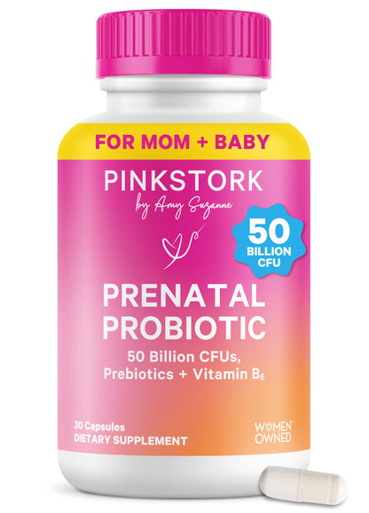 Pink Stork Prenatal Probiotic for Women with 50 Billion CFU, 30 Capsules | Added Vitamin B6 + Prebiotics, Morning Sickness Support, Vegan & Gluten-Free, Digestive, Immune, + Gut Health