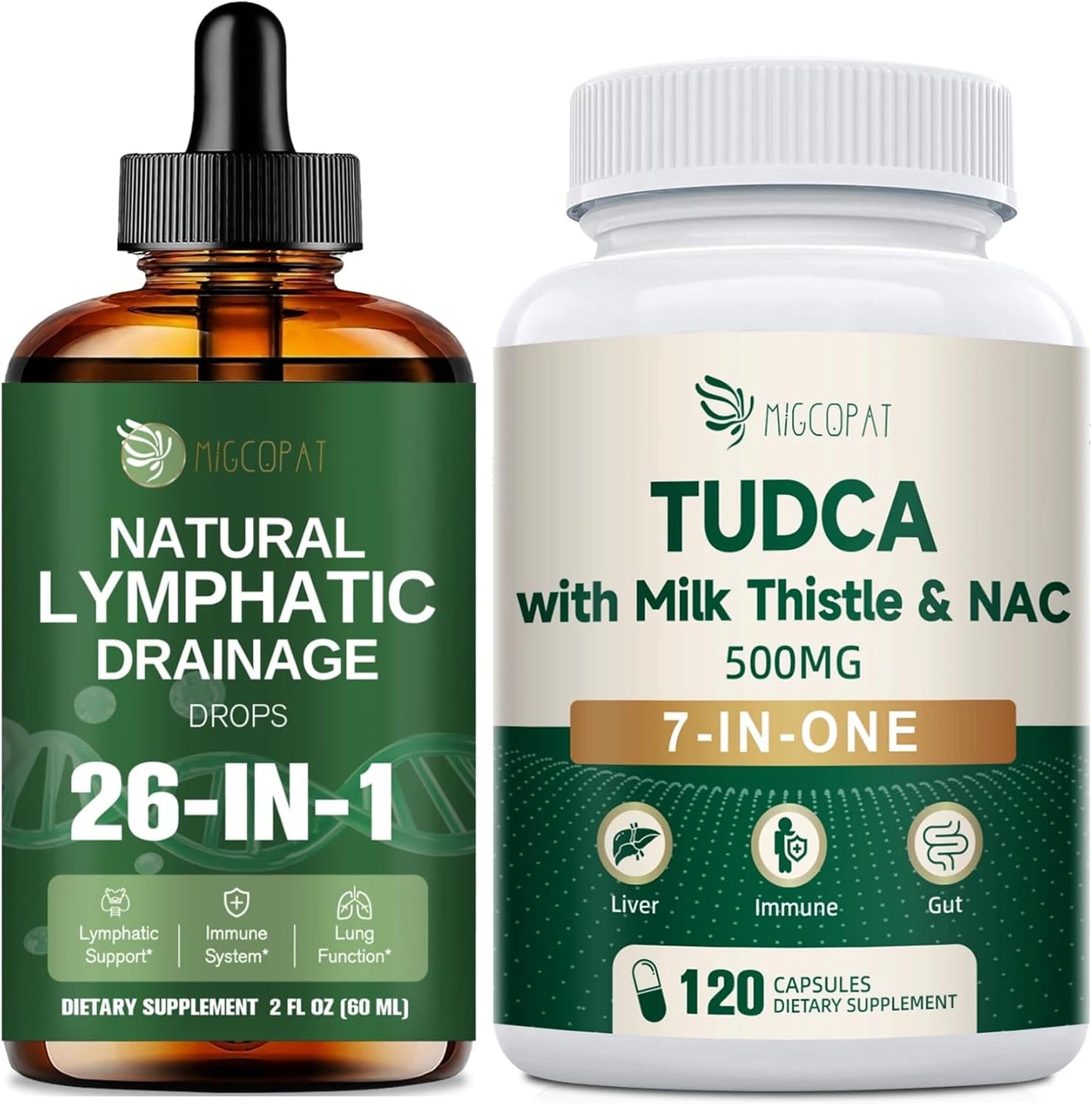 Migcopat 7-in-One TUDCA Complex + 26-in-1 Lymphatic Drainage Drops with Echinacea, Turmeric, Elderberry, Dandelion and Vitamins