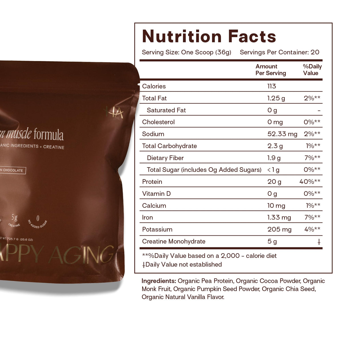 Happy Aging Vegan Protein Powder for Women, 20g Organic Pea & Pumpkin Seed Protein, 5g Creatine for Women, Monk Fruit Sweetened, Organic Cocoa & Chia, Vegan Plant Based Protein
