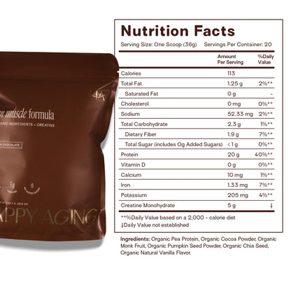 Happy Aging Vegan Protein Powder for Women, 20g Organic Pea & Pumpkin Seed Protein, 5g Creatine for Women, Monk Fruit Sweetened, Organic Cocoa & Chia, Vegan Plant Based Protein