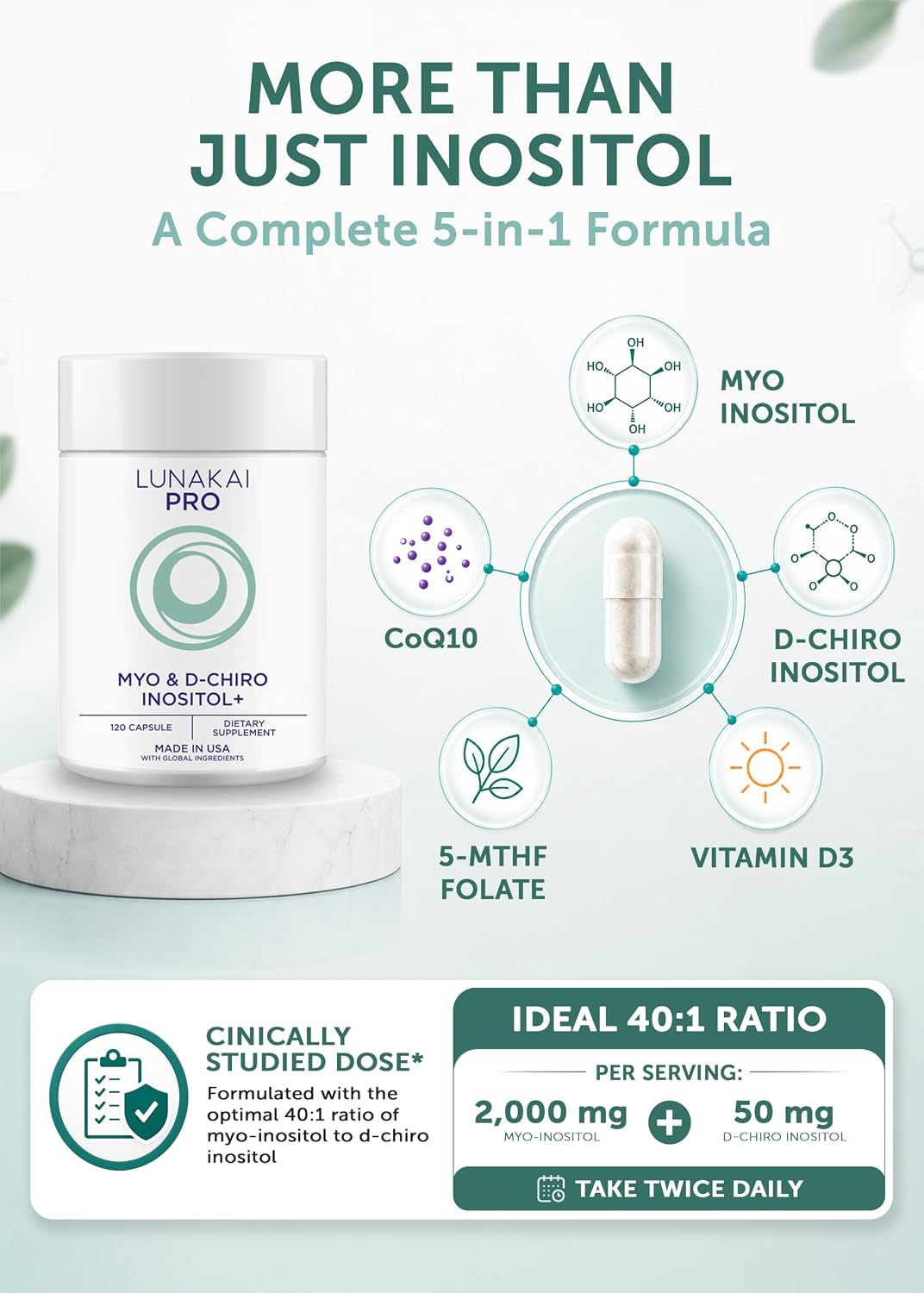 Lunakai Myo-Inositol D-Chiro Inositol for Women 40:1, 2000mg Supplement | USA Made | with CoQ10, Folate & Vitamin D3 - Daily Hormone Balance & Ovarian Support, 120ct