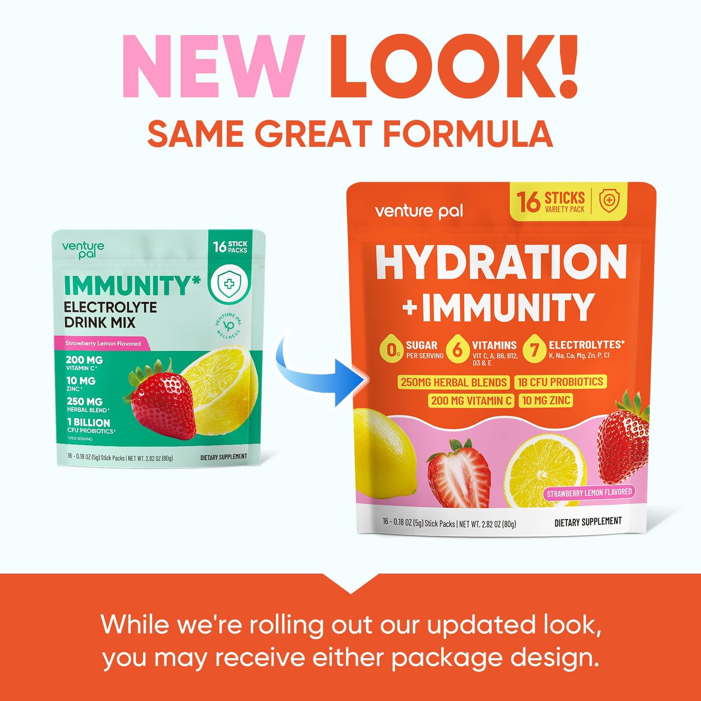Venture Pal Sugar Free Hydration Packets+Immune-Liquid Daily IV Drink Mix | Electrolyte Powder with 7 Electrolytes & 6 Vitamins, Probiotics + Elderberry | Non-GMO, Keto Friendly, Vegan | 16 Sticks