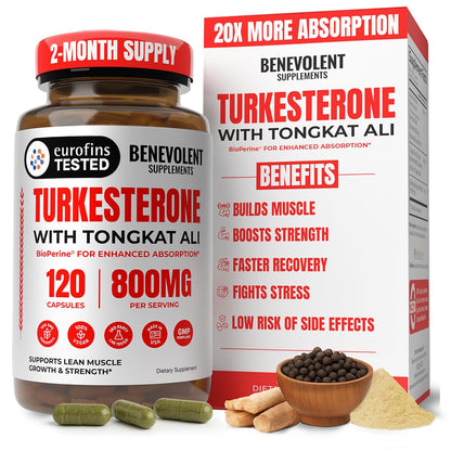 Benevolent Turkesterone with Tongkat Ali & BioPerine (Max Absorption) - High Potency 800mg Turkesterone Supplement for Men & Women - Increase Stamina, Muscle Growth, Recovery, 2 Months Supply