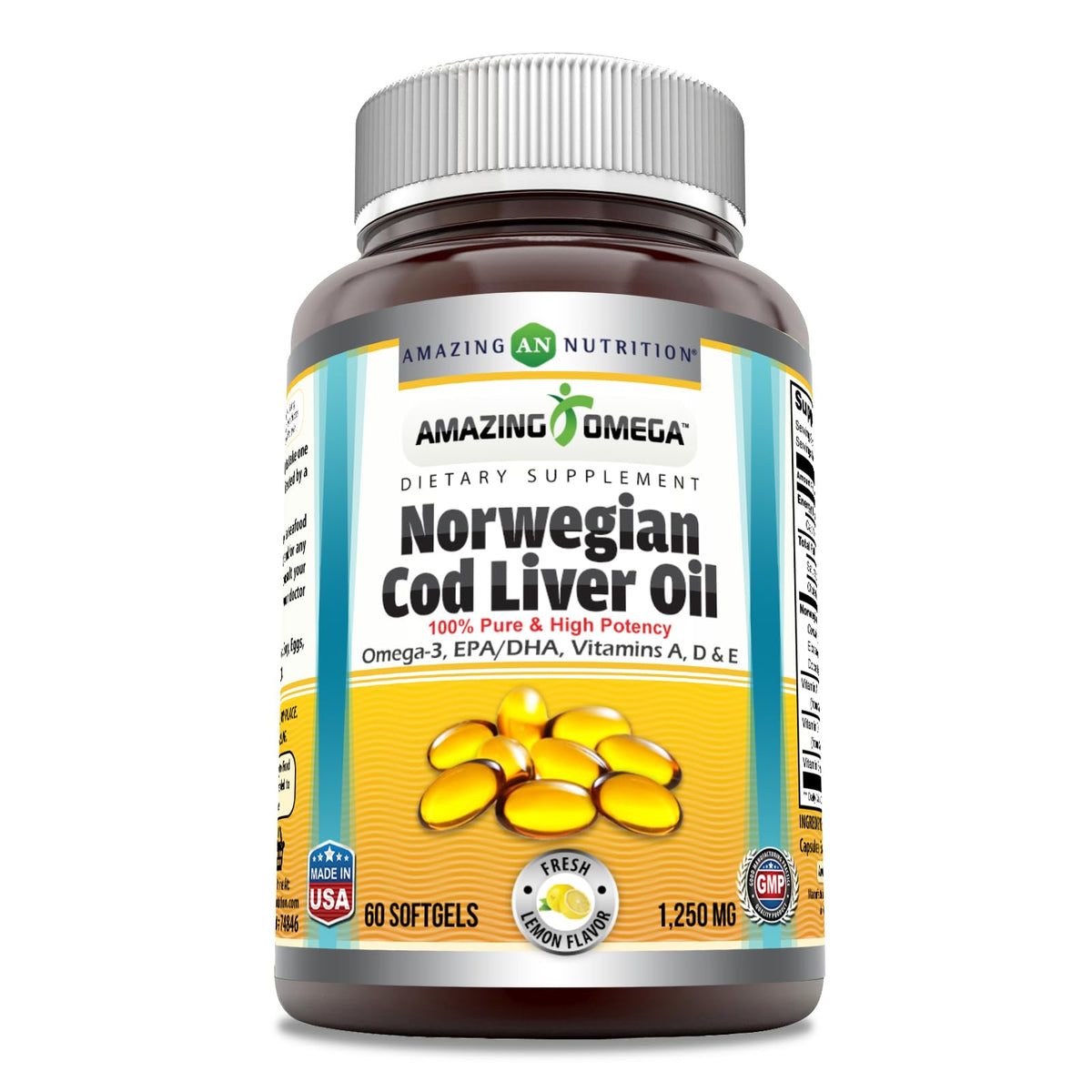 Amazing Omega Norwegian Cod Liver Oil 1250 Mg Softgels Supplement | Omega-3, EPA, DHA, Vitamin A, Vitamin D & Vitamin E (Lemon | 120 Count)