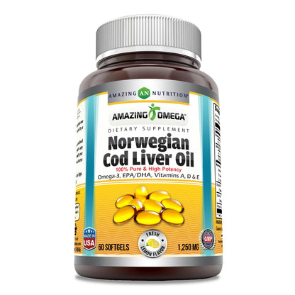 Amazing Omega Norwegian Cod Liver Oil 1250 Mg Softgels Supplement | Omega-3, EPA, DHA, Vitamin A, Vitamin D & Vitamin E (Lemon | 120 Count)