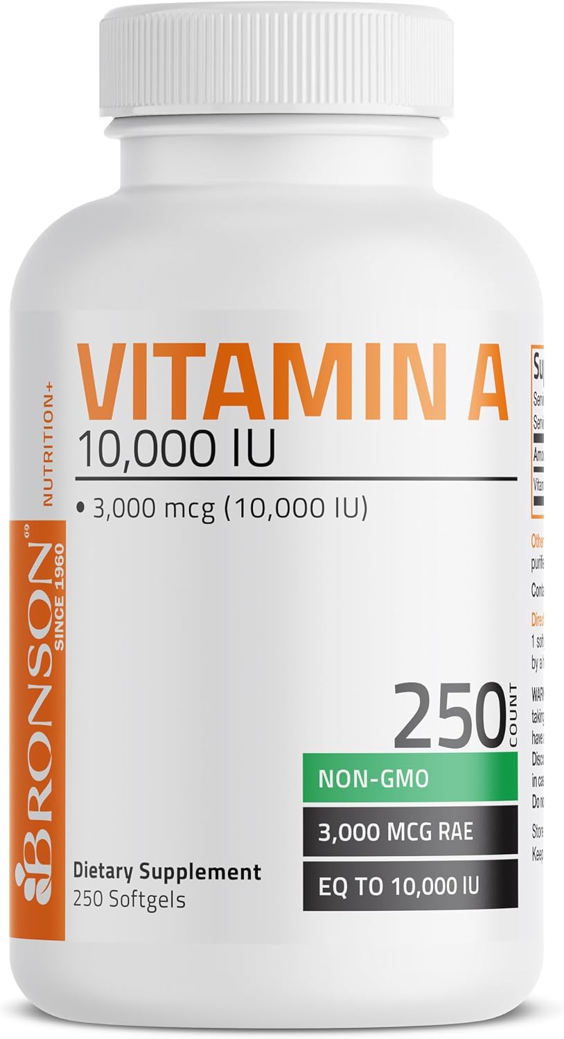 Bronson Vitamin A 10,000 IU Healthy Vision and Immune Support, 250 Softgels | Vitamin A Palmitate, Once-Daily Rapid Release, Skin, Growth & Reproduction Support, Non-GMO
