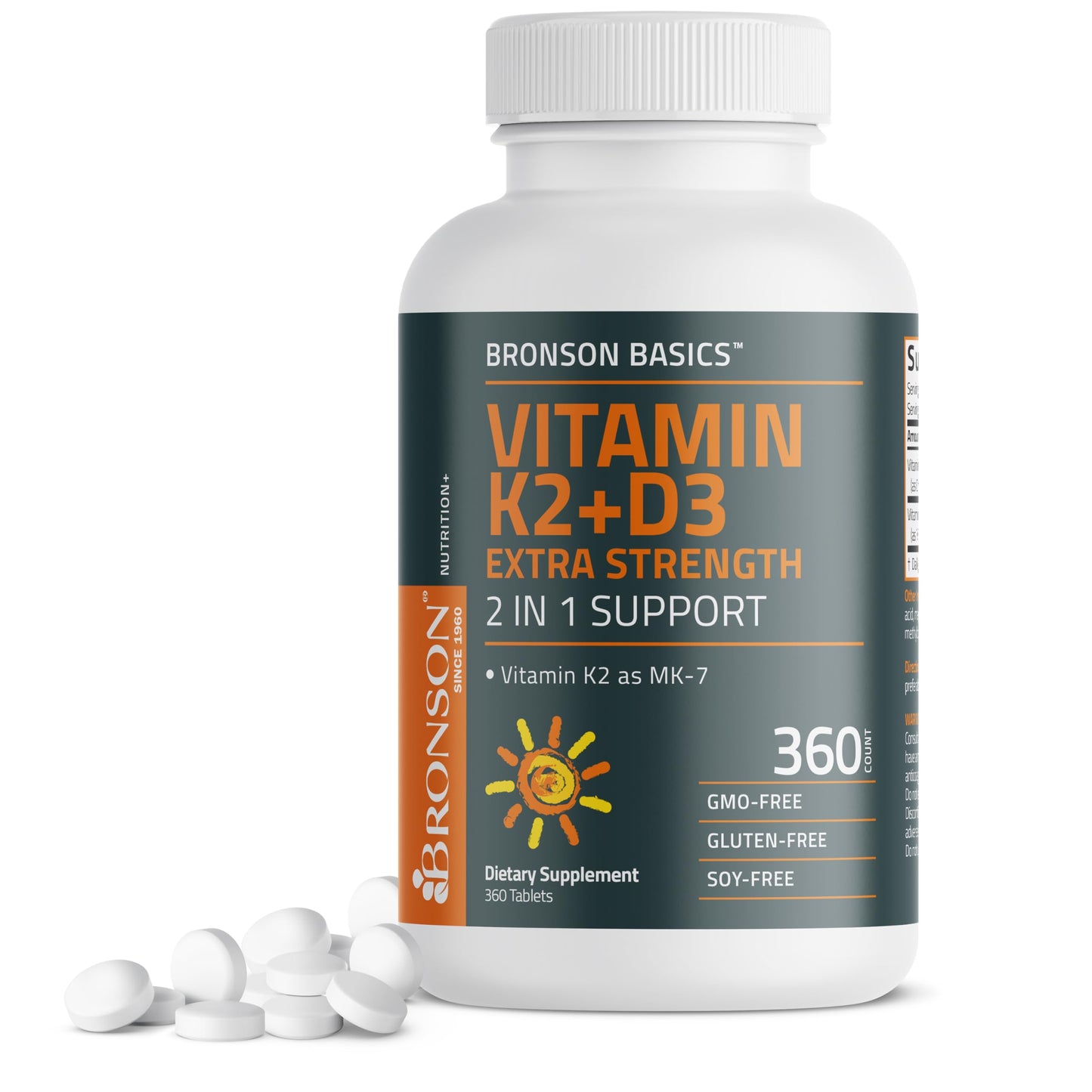 Bronson Vitamin K2 (MK7) with D3 Supplement Extra Strength 2 in 1 Support, 10,000 IU Vitamin D3 & 120 mcg K2 MK-7, 120 Tablets
