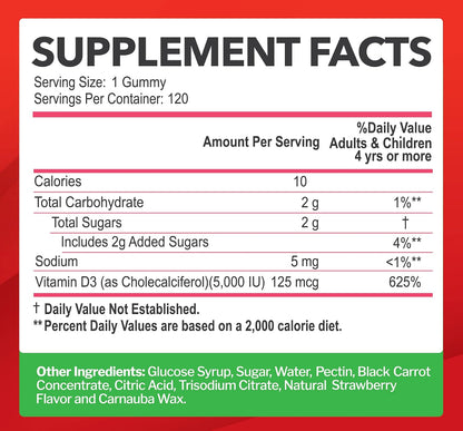 Vitamin D3 5000/10000 IU Gummies for Adults & Kids (120 Count) | Maximum Strength Support for Immune System, Bones & Teeth - Gluten-Free, Great Tasting Strawberry Flavor - 4 Month Supply