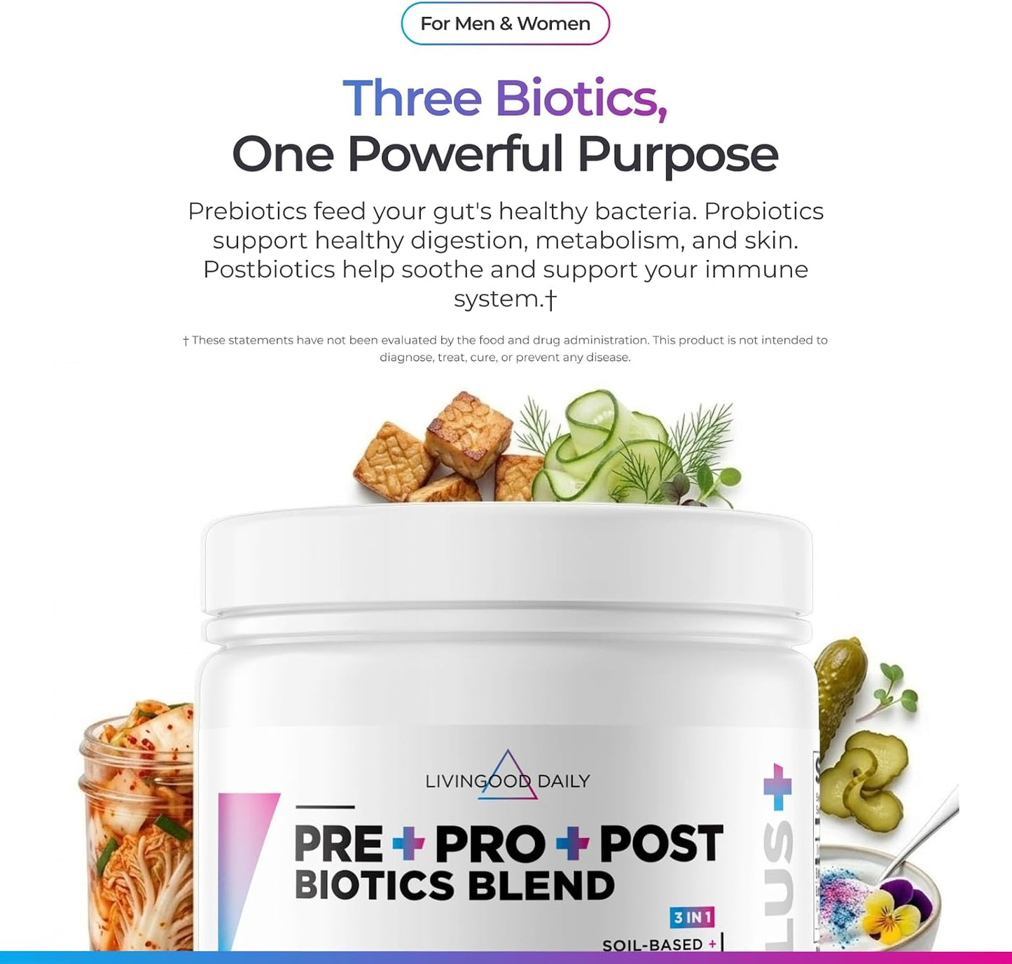 Livingood Daily Pre Pro Post Biotics Blend Powder, Digestive Health Supplement with Prebiotics from Organic Blue Agave Inulin, SBO Probiotics, Probiotics for Women & Men, Non GMO, Vegan, 30 Servings