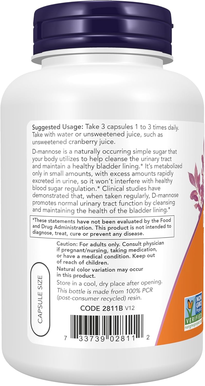 NOW Foods Supplements, D-Mannose 500 mg, Non-GMO Project Verified, Healthy Urinary Tract*, 120 Veg Capsules