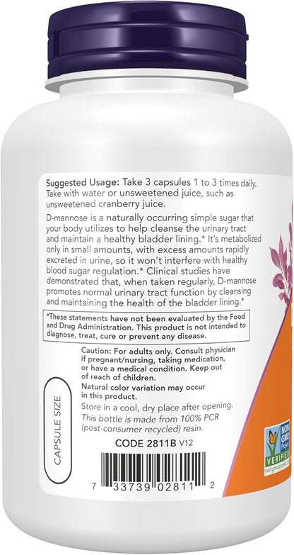 NOW Foods Supplements, D-Mannose 500 mg, Non-GMO Project Verified, Healthy Urinary Tract*, 120 Veg Capsules