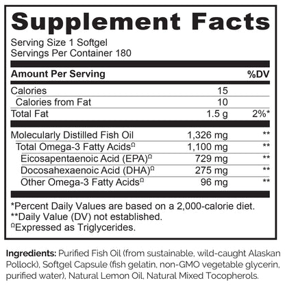 NATURELO Burpless Omega 3 Fish Oil Supplement - 1100mg Triglyceride Omega-3, EPA + DHA, Liquid Fish Oil for Heart, Eye, Brain, Joint Health - 120 Softgels, 4 Months Supply