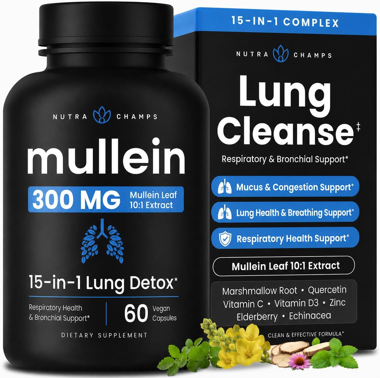 NutraChamps Mullein Leaf Extract for Lung Detox Extra Strength Lung Cleanse for Smokers, Mullein Capsules Lung Support Supplement for Respiratory Lung Health