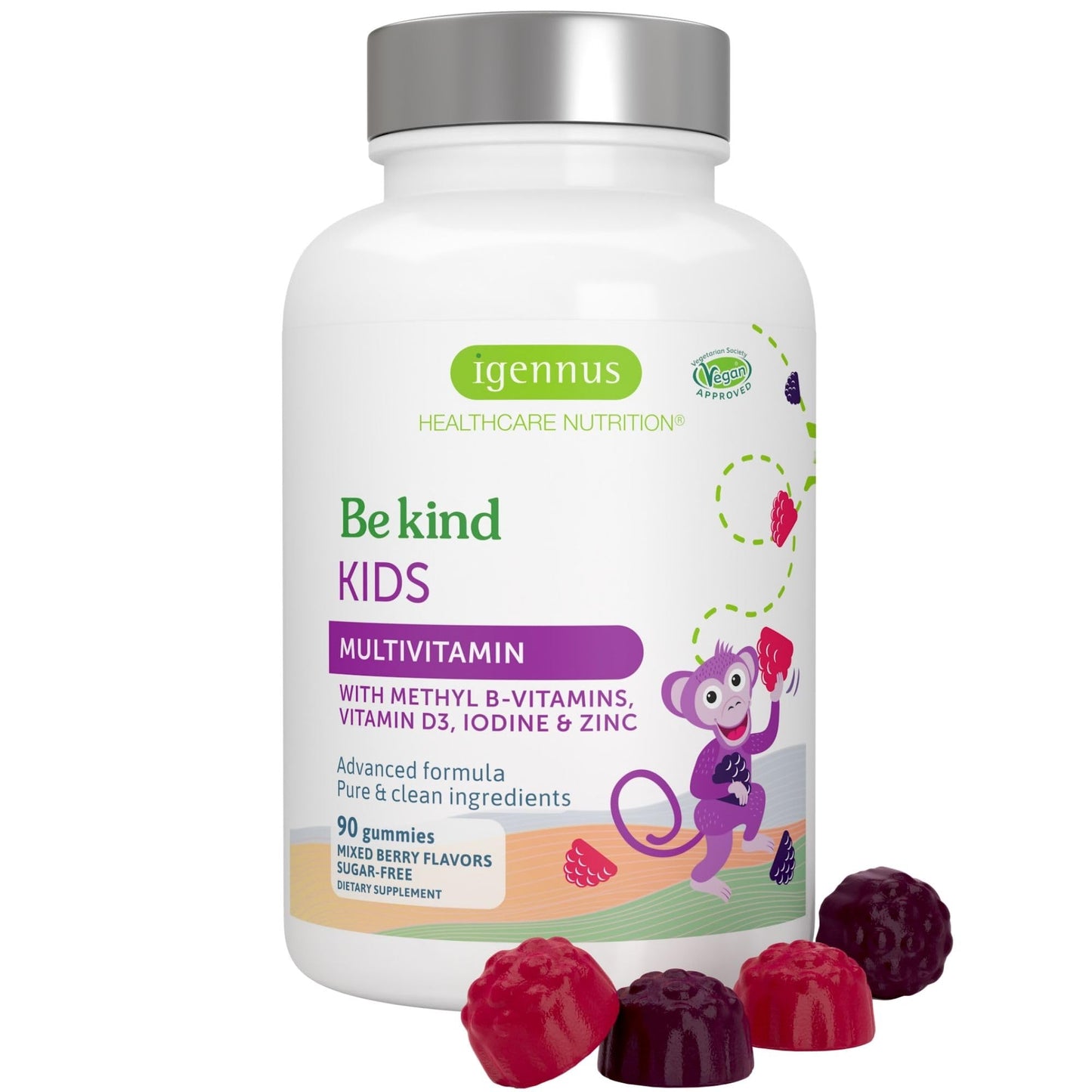 Igennus Methylated Kids Multivitamin Gummies, Age 4+, 90 Gummies | Clean Label & Third Party Tested, No Artificial Sweeteners or Flavors, Sugar Free, Natural Berry Flavor, Non-GMO, Halal
