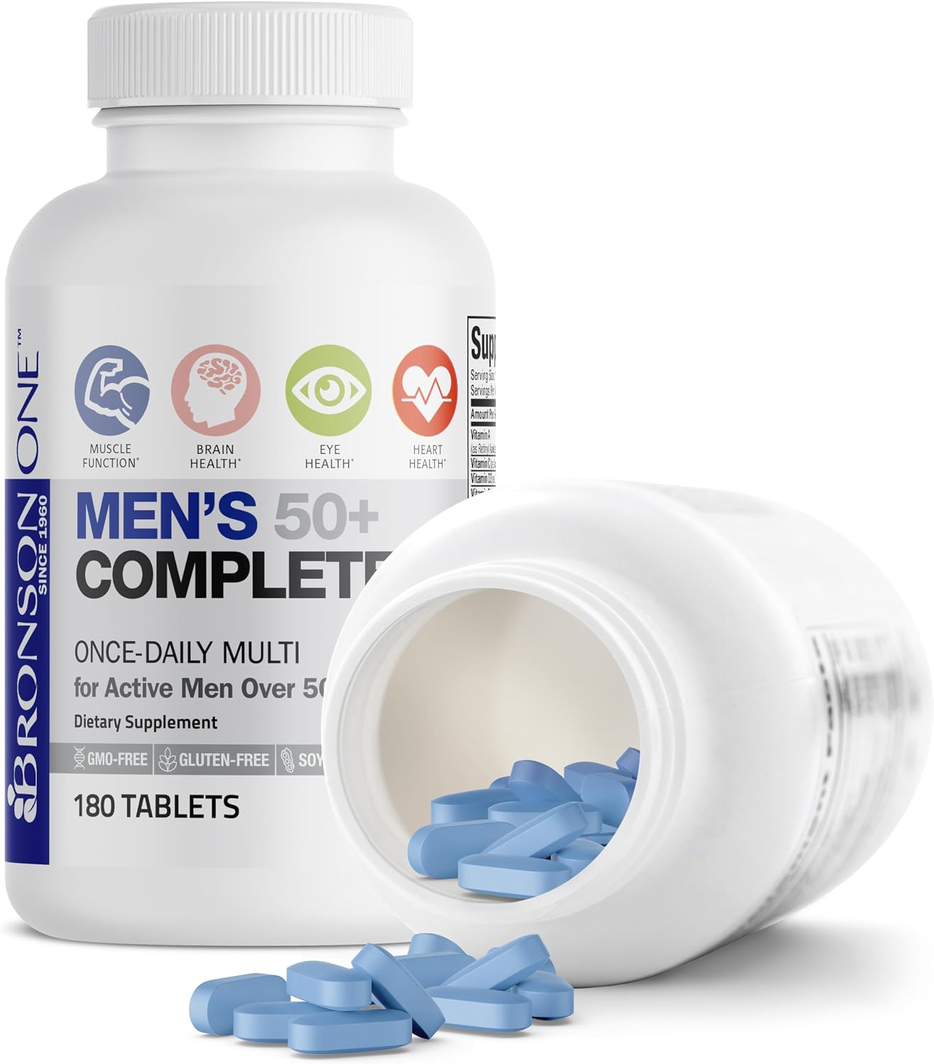 Bronson ONE Daily Mens 50+ Complete Multivitamin Multimineral, 180 Tablets | Once-Daily, Targeted Nutrition For Active Men Over 50, Non-GMO, Gluten-Free, Soy-Free