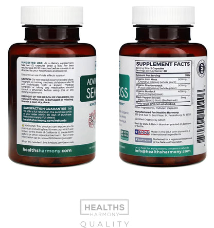 Organic Irish Sea Moss Capsules - Organic Sea Moss Capsules with Bladderwrack Burdock Root and Black Pepper Extract for Enhanced Absorption - Vegan Non-GMO & Made in the USA (1 Month Supply)