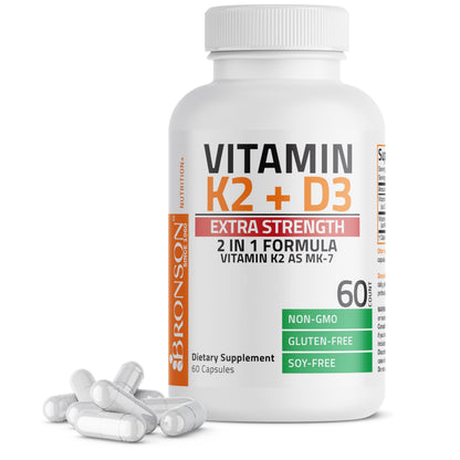 Bronson Vitamin K2 D3 (MK7) Extra Strength D3 & K2 Complex, 120 Capsules | Bone, Immune & Heart Health Support, Gluten Free, Soy Free, Non-GMO, Vitamin D3 10,000IU (250 mcg) & 120 mcg K2 MK-7