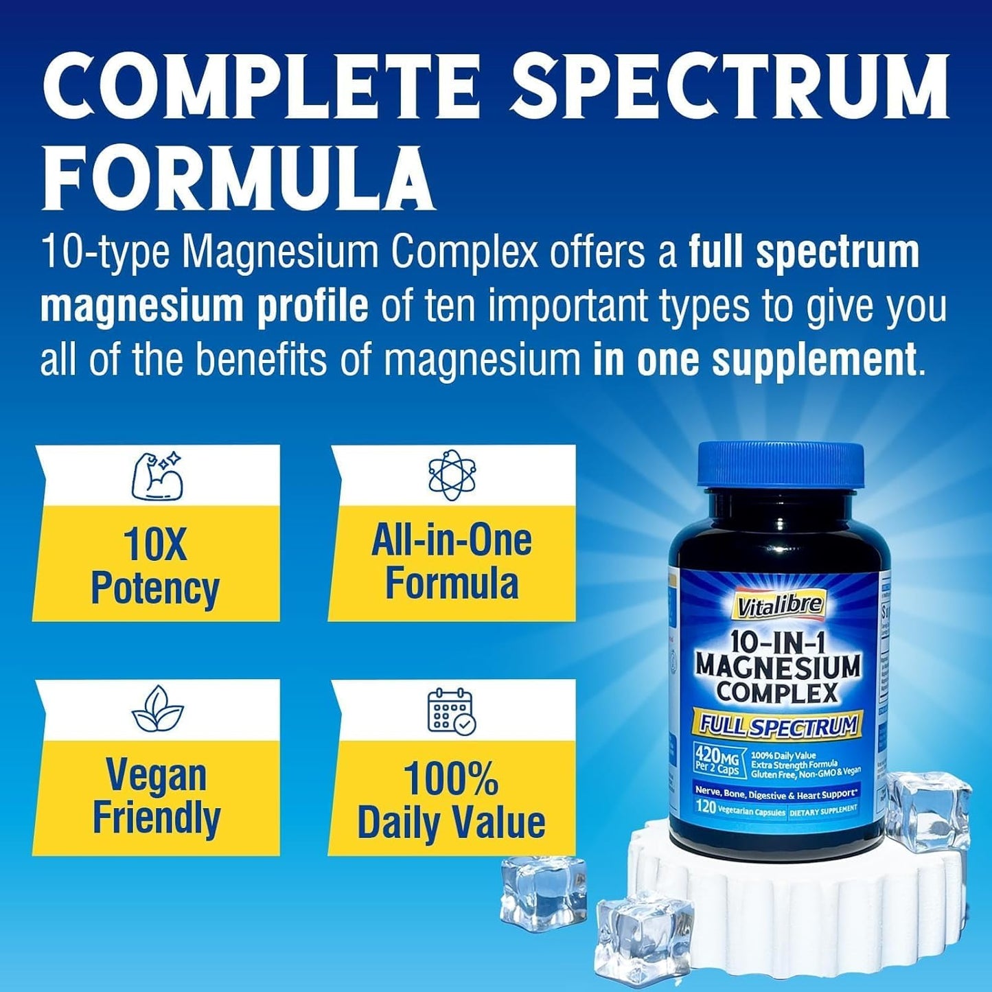 Vitalibre 10 in 1 Magnesium Complex, 420mg Elemental Magnesium 120 Capsules | Ultra Strength, Max Absorption | Chelated Magnesium Supplement for Women Men Nerves, Bone & Heart Health | Non-GMO