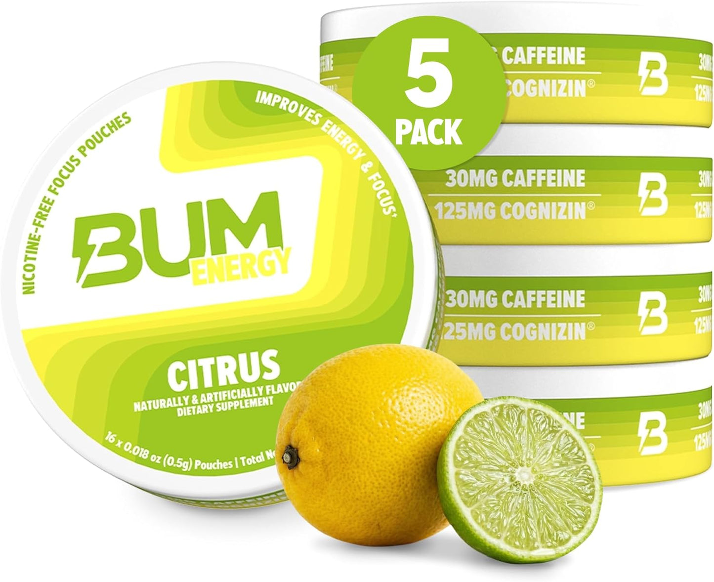 Bum Energy Pouches, Citrus, 30mg Caffeine + 125mg Cognizin Citicoline, Clean Energy & Focus, Discreet Oral Energy Pouches, 5 Packs of 16 Count
