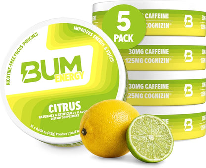 Bum Energy Pouches, Citrus, 30mg Caffeine + 125mg Cognizin Citicoline, Clean Energy & Focus, Discreet Oral Energy Pouches, 5 Packs of 16 Count