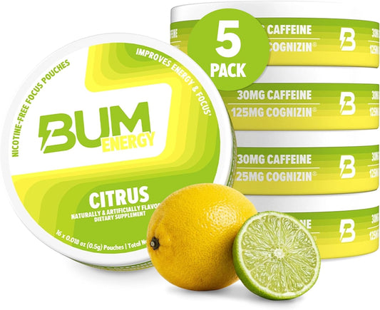 Bum Energy Pouches, Citrus, 30mg Caffeine + 125mg Cognizin Citicoline, Clean Energy & Focus, Discreet Oral Energy Pouches, 5 Packs of 16 Count