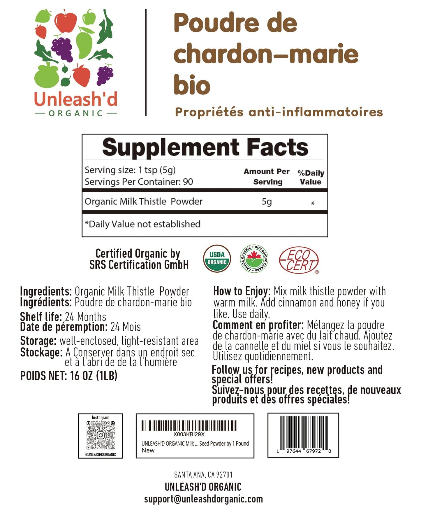 Unleash’d Organic Milk Thistle Powder 16oz – 100% Pure, Rich in Silymarin & Antioxidants, Supports Liver and Immune Health