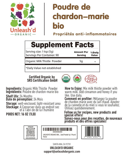 Unleash’d Organic Milk Thistle Powder 16oz – 100% Pure, Rich in Silymarin & Antioxidants, Supports Liver and Immune Health