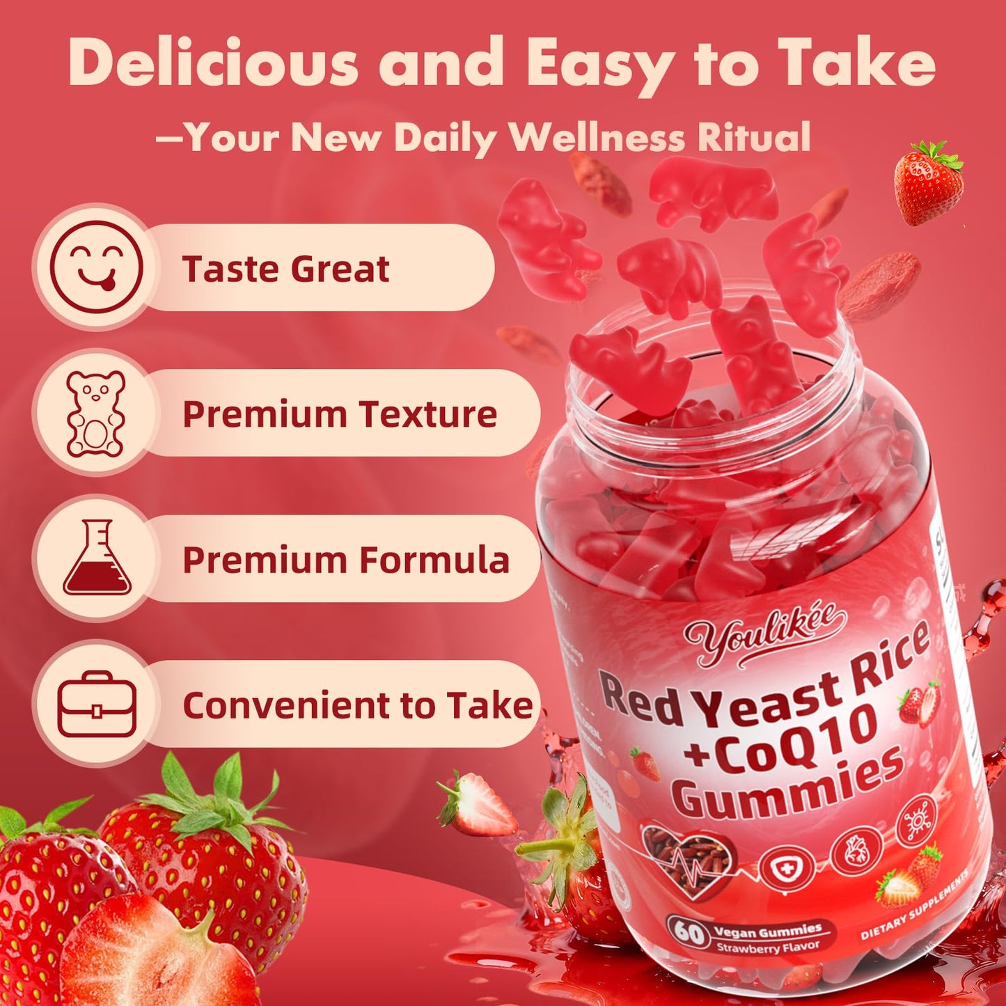 Red Yeast Rice Gummies 1200mg with CoQ10 100mg, Red Yeast Rice Supplement | Supports Cellular Energy Production and Natural Antioxidant Defense, Vegan, Gluten-Free, Strawberry Flavor, 60 Count