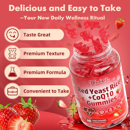 Red Yeast Rice Gummies 1200mg with CoQ10 100mg, Red Yeast Rice Supplement | Supports Cellular Energy Production and Natural Antioxidant Defense, Vegan, Gluten-Free, Strawberry Flavor, 60 Count