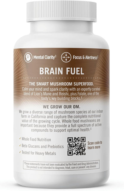 OM MUSHROOM SUPERFOOD Brain Fuel Mushroom Powder Capsules Superfood Supplement, 90 Count, 30 Days, Lion's Mane, Reishi Blend Plus Folate, Mental Clarity, Mushroom Supplement