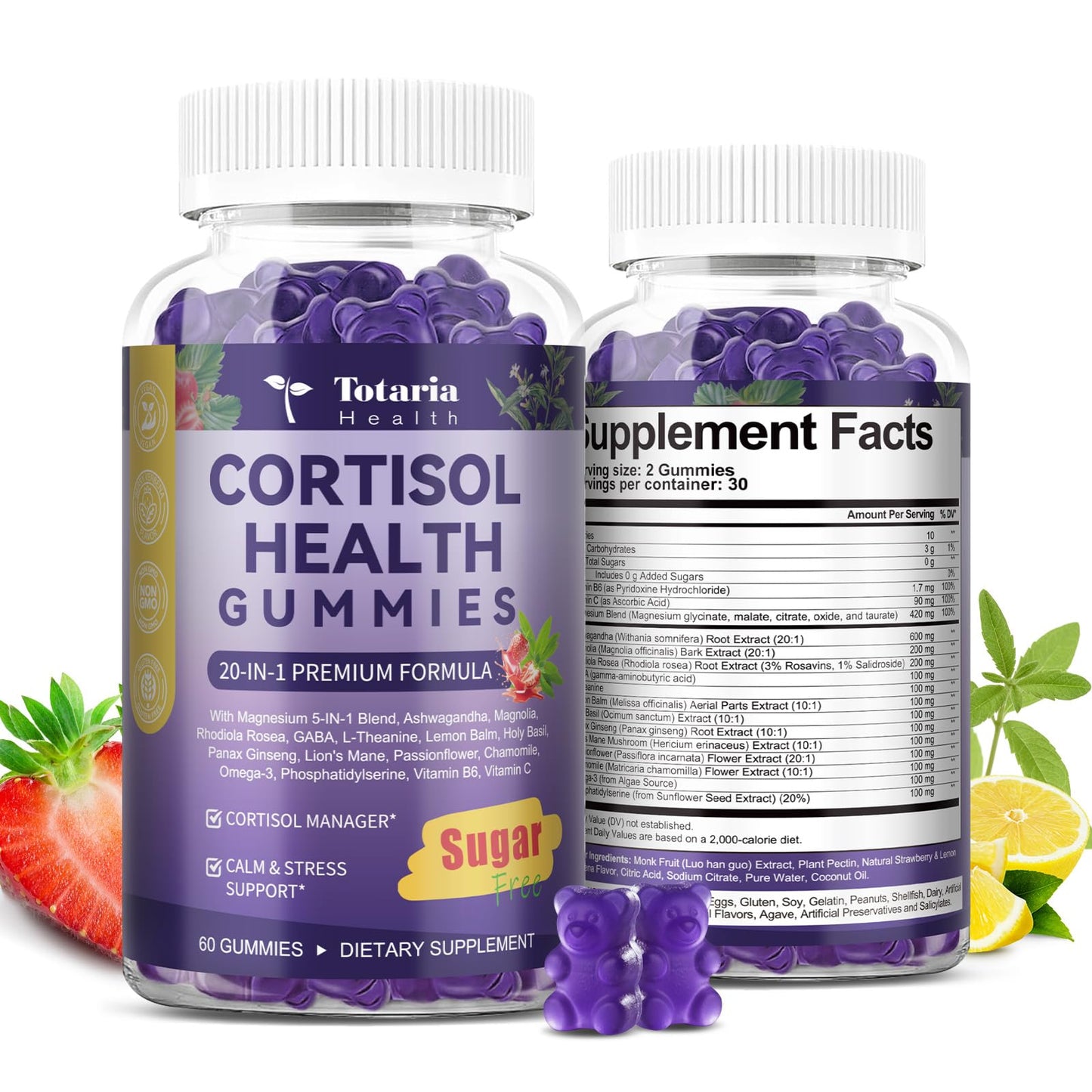 Cortisol Supplements for Women & Men 20-in-1 Cortisol Gummies with Ashwagandha Rhodiola Rosea Magnesium Phosphatidylserine Calm Focus Mood Support Healthy Cortisol Levels 30 Day Supply