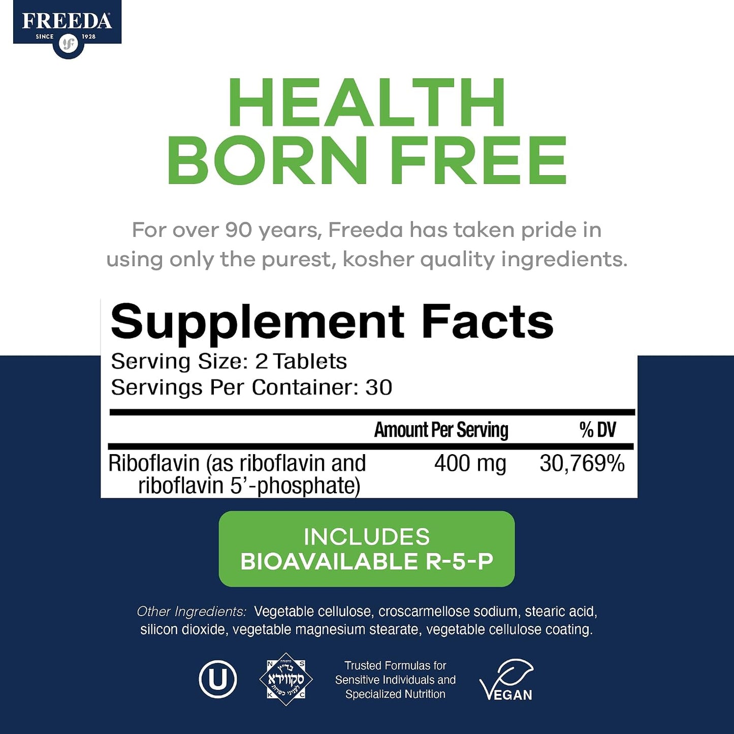 FREEDA Vitamin B2 400mg Riboflavin Supplement - 60 Vegan Tablets | High-Potency B2 Vitamin with Riboflavin-5-Phosphate to Support Energy, Metabolism, & Nervous System Health