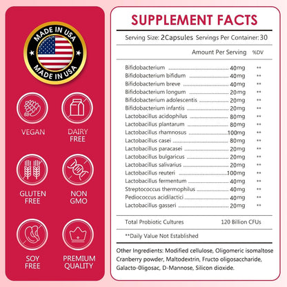 CANLIST Women's Probiotics 120 Billion CFUs 18 Strains 3 Prebiotics & Digestive Enzymes Contains Organic Prebiotic Cranberry Women's Health Digestive & Immune Support Non-GMO, 60 Capsules