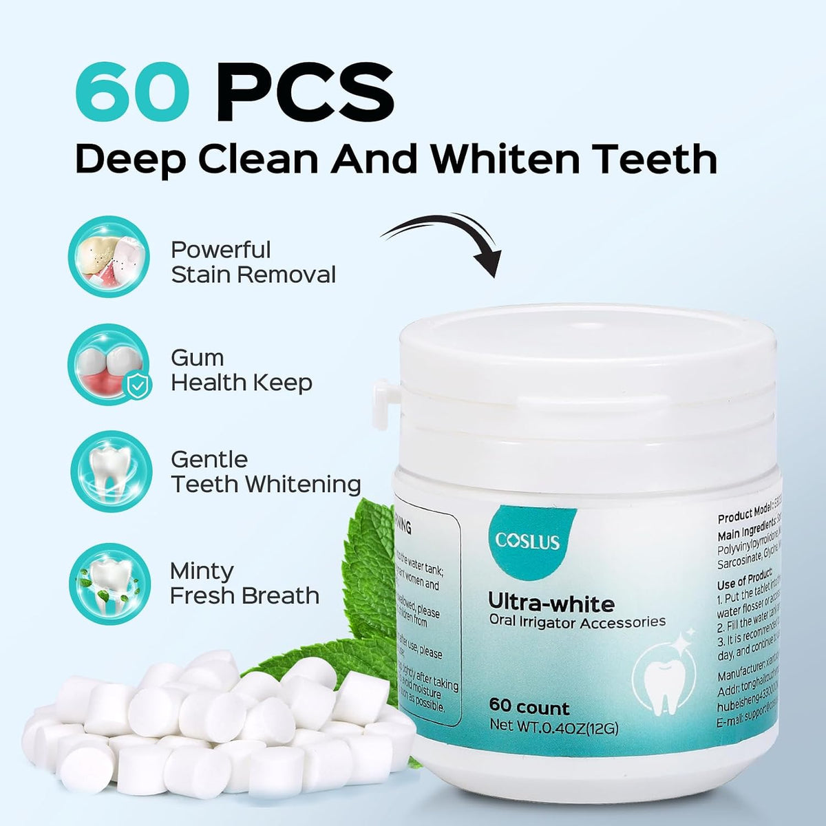 COSLUS Whitening Water Flosser Replacement Tips with 60 Pcs Mint Refills