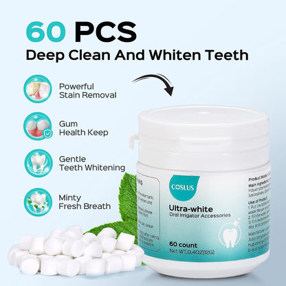 COSLUS Water Dental Flosser Teeth Pick: Portable Cordless Oral Irrigator + Whitening Water Flosser Replacement Tips with 60 Pcs Mint Refills: Compatible with C20 (F5020E) & E40 (WFP14)