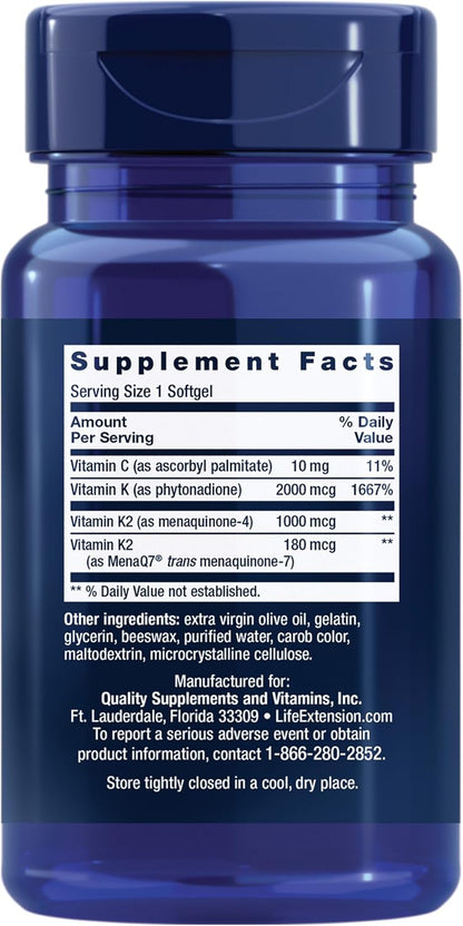 Life Extension Super K, Vitamin K Supplement, 2000 Mcg Vitamin K and 1180 Mcg Vitamin K2, Heart Health, Once-Daily, 90 Softgels | Vitamin K1, K2 MK-7 & K2 MK-4 for Heart & Arterial Health and Calcium Balance; 3-Month Supply, 1 Daily, Gluten-Free & Non-GMO