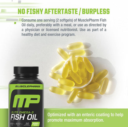 MusclePharm Essentials Fish Oil, Elite Omega 3 Supplements - Promotes Joint Health, Muscle Performance, Brain, Heart & Immune Support, 2000mg Omega 3 Fish Oil Per Serving - 60 Softgels (30 Servings)